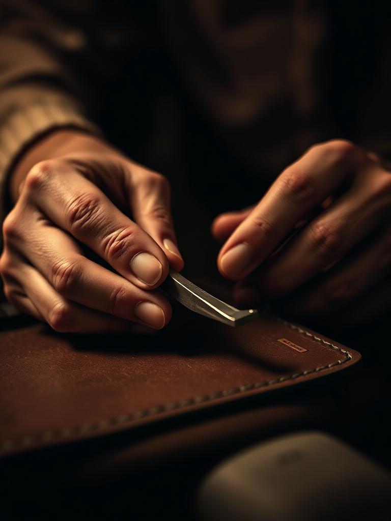 Mani del barbiere che affilano un rasoio a mano libera